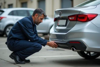 Mécanicien examinant une plaque d'immatriculation à l'arrière d'une voiture dans un parking urbain