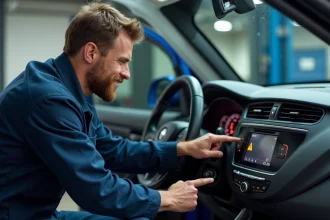 Mécanicien pointant un triangle d'avertissement jaune sur le tableau de bord d'une voiture dans un garage automobile