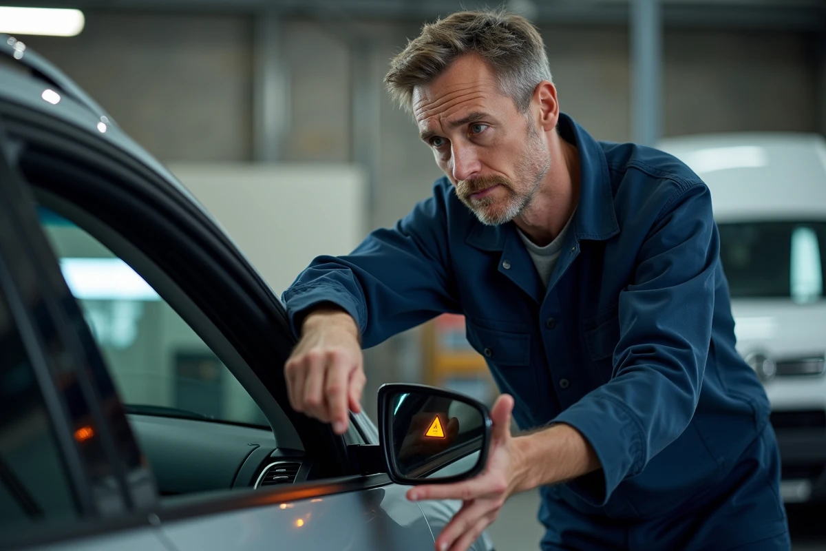 Mécanicien en uniforme pointant un voyant allumé sur le tableau de bord d'une voiture dans un garage automobile