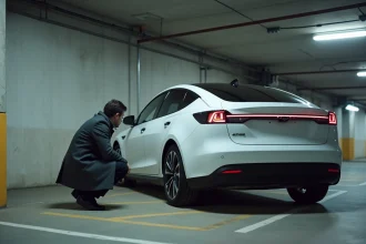 Homme examinant une voiture électrique blanche dans un parking urbain moderne en 2026