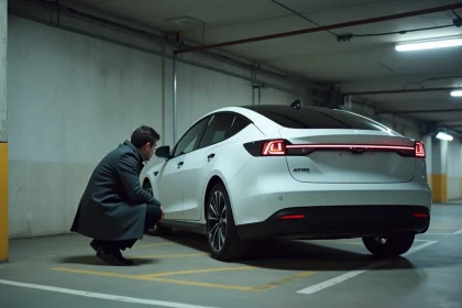 Homme examinant une voiture électrique blanche dans un parking urbain moderne en 2026