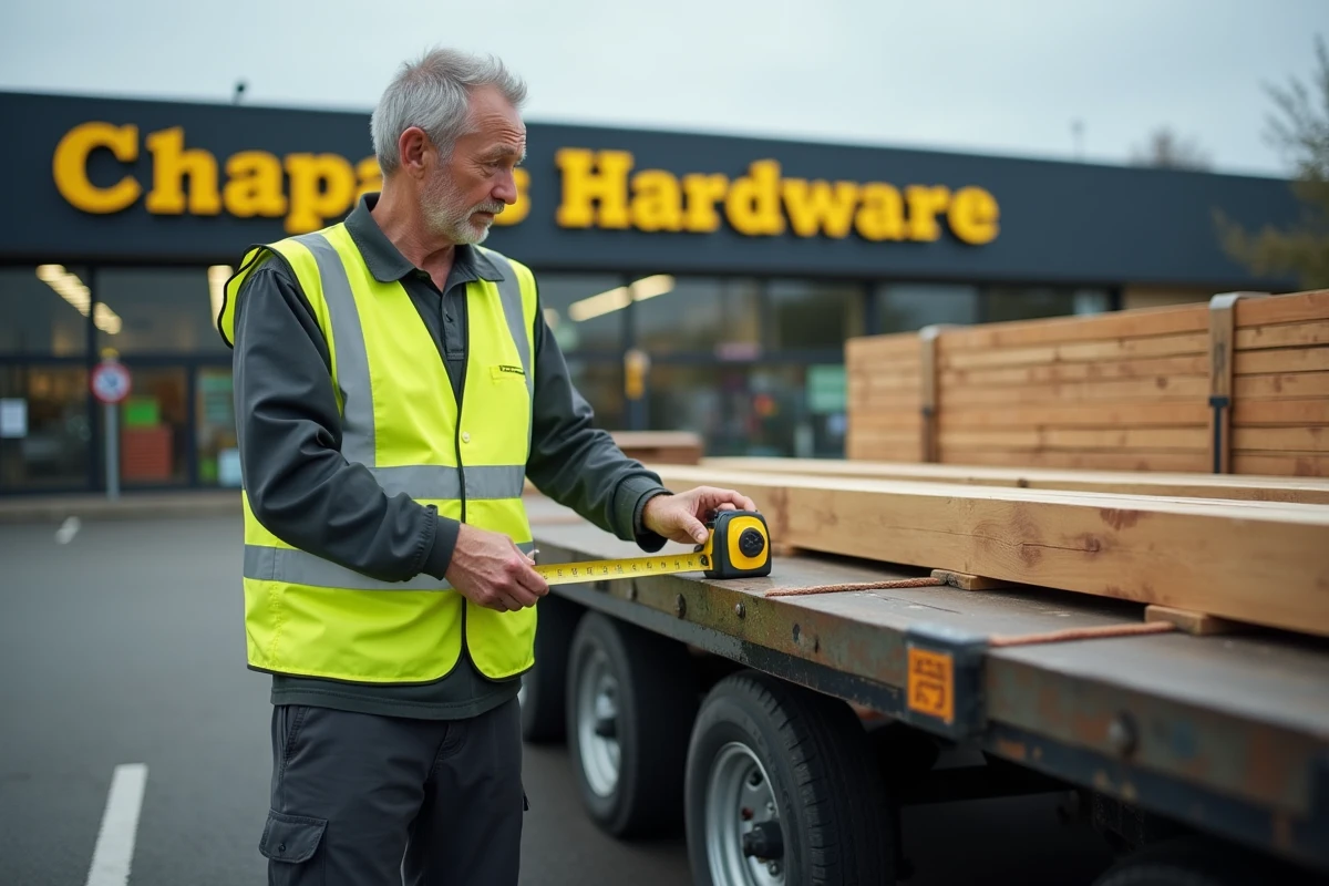 Homme en gilet jaune mesurant la longueur d'une remorque plateau chargée de planches en bois dans un parking de grande surface