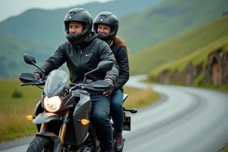 Motard avec passagère sur une route de campagne sinueuse, tous deux en équipement de protection complet