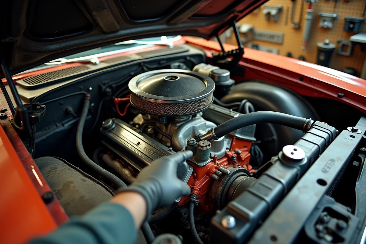 Moteur V8 d'une voiture muscle américaine 1969 avec signes d'usure visibles lors d'une inspection pré-achat en atelier mécanique