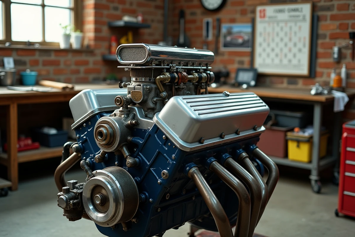 Moteur vintage inline-six restauré exposé dans un atelier de restauration automobile