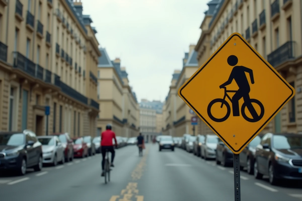 Panneau losange jaune de priorité en agglomération sur un boulevard urbain avec immeubles haussmanniens