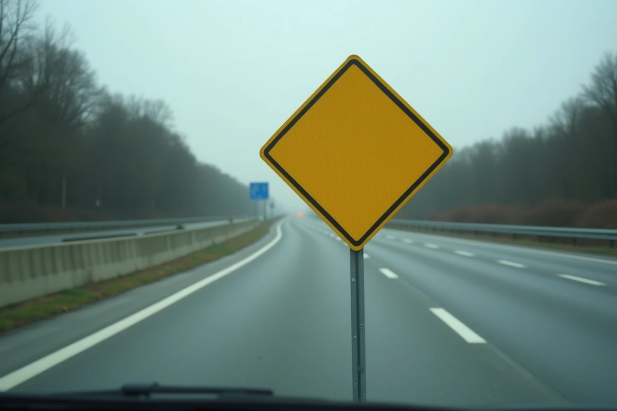 Panneau losange jaune prioritaire en gros plan sur autoroute avec marquages au sol et glissière de sécurité