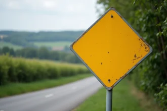 Panneau losange jaune de priorité sur une route de campagne française entourée de haies vertes
