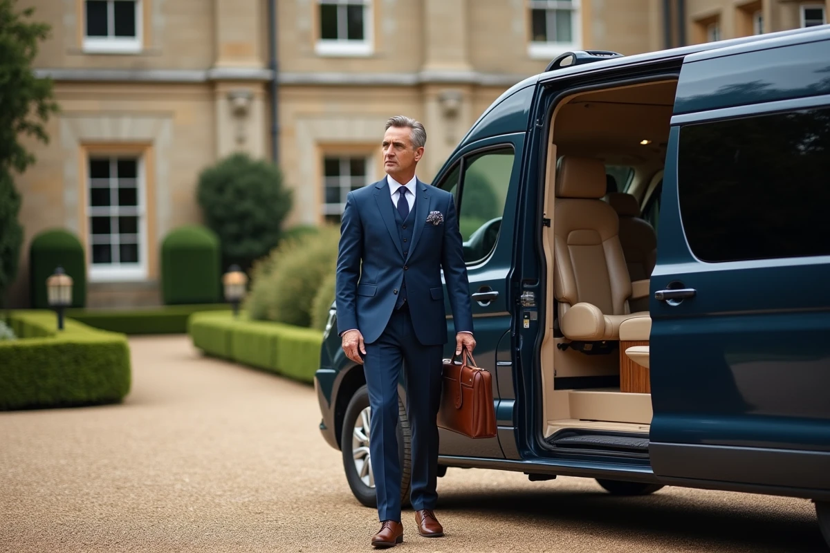 Homme en costume bleu marine sortant d'un van de luxe aménagé devant un manoir européen, valise en cuir à la main, allée en pavés
