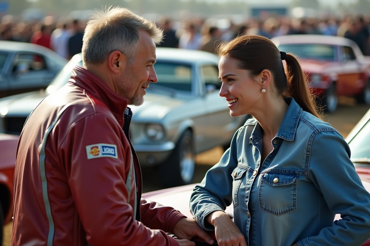 Deux passionnés d'automobiles inspectant le moteur d'une muscle car américaine restaurée des années 1960 lors d'un grand salon automobile