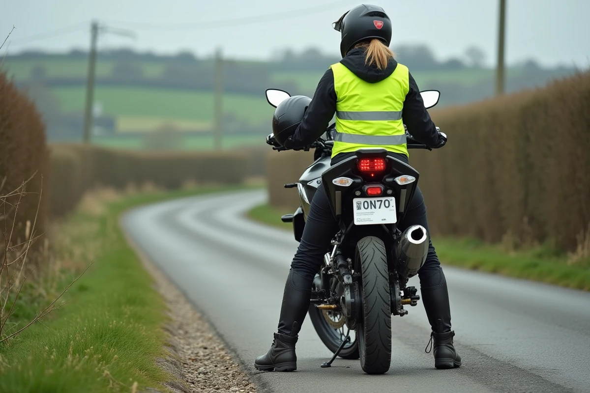 Motarde posant le pied sur le sol depuis une moto adventure à l'arrêt sur un chemin de gravier, montrant la technique d'équilibre