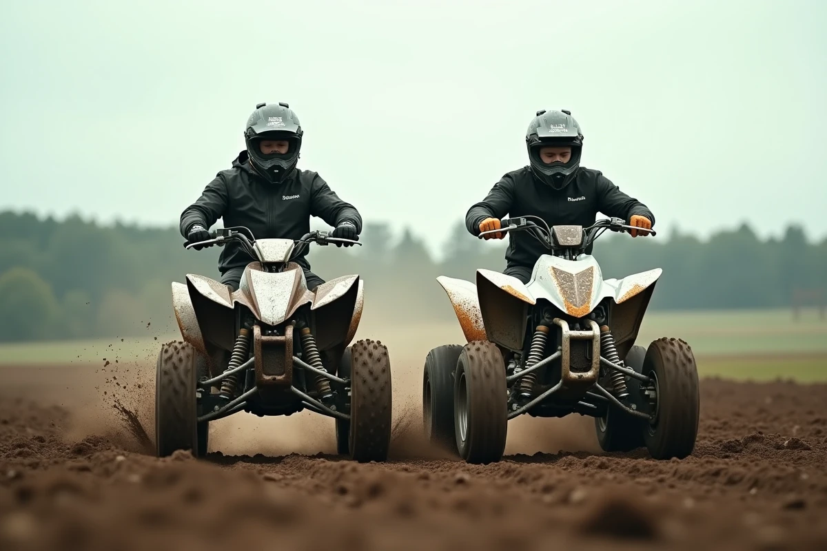 Deux pilotes adultes en équipement complet conduisant des quads sportifs côte à côte dans un champ boueux, comparaison de modèles et fiabilité des marques de quad
