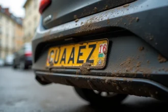 Plaque d'immatriculation noire de boue illisible sur une voiture garée dans une rue française