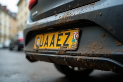 Plaque d'immatriculation noire de boue illisible sur une voiture garée dans une rue française
