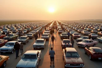 Immense rassemblement automobile en plein air avec des milliers de voitures alignées sur un tarmac et des passionnés qui se promènent entre les véhicules