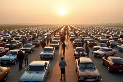 Immense rassemblement automobile en plein air avec des milliers de voitures alignées sur un tarmac et des passionnés qui se promènent entre les véhicules