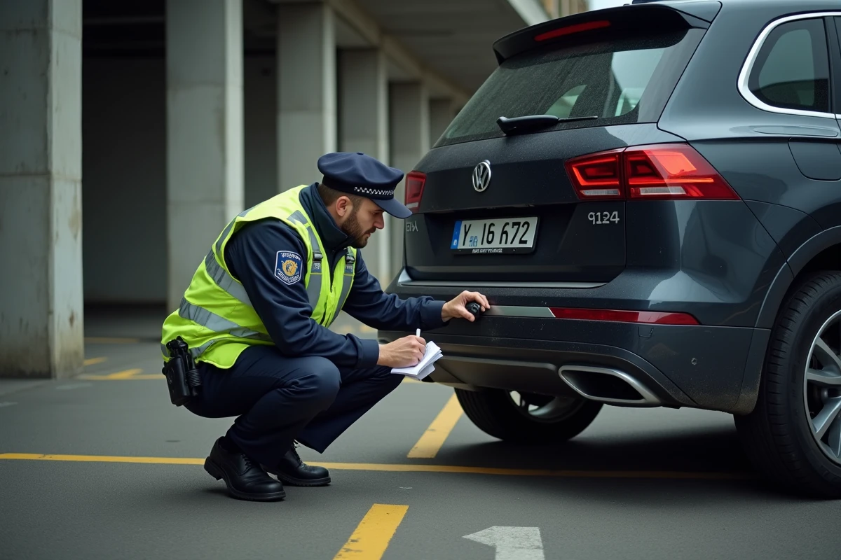 Policier français en train de contrôler une plaque d'immatriculation sale et illisible dans un parking