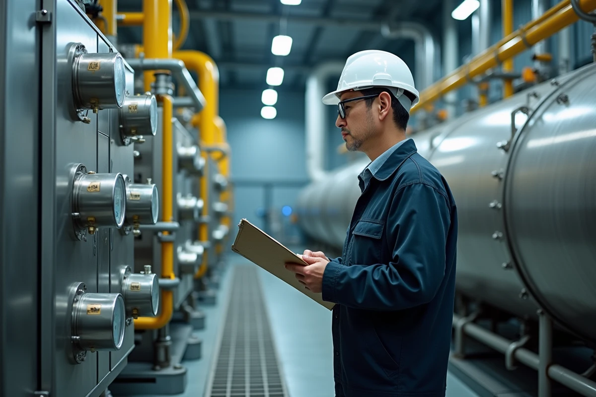 Ingénieur inspectant des équipements de production d'hydrogène dans une usine industrielle en Corée du Sud