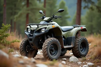 Quad tout-terrain robuste garé sur un sentier de montagne rocheux entouré de pins, illustrant la fiabilité des marques de quad en conditions extrêmes