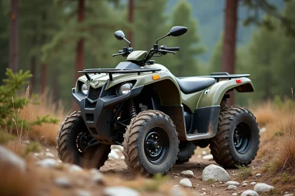 Quad tout-terrain robuste garé sur un sentier de montagne rocheux entouré de pins, illustrant la fiabilité des marques de quad en conditions extrêmes