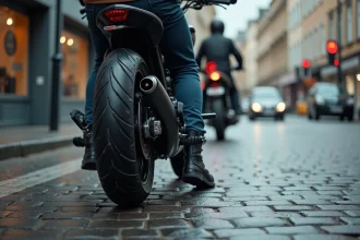 Motard posant le pied gauche à plat sur l'asphalte à un feu rouge en ville, illustrant la bonne technique d'arrêt à moto