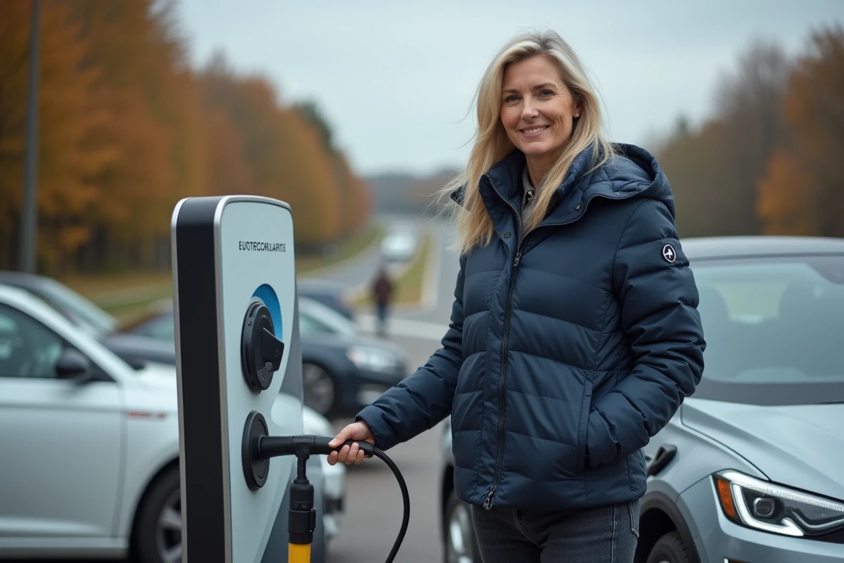 Femme rechargeant un SUV électrique à une borne de recharge rapide sur une aire d'autoroute