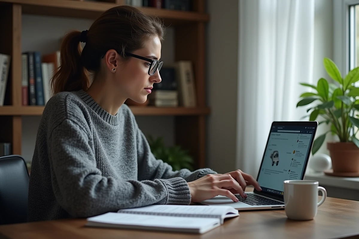 Femme consultant un rapport de fiabilité automobile indépendant sur ordinateur portable, prenant des notes manuscrites pour un achat éclairé