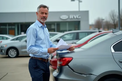 Un homme tenant des documents pointe un défaut sur une voiture achetée chez un concessionnaire professionnel