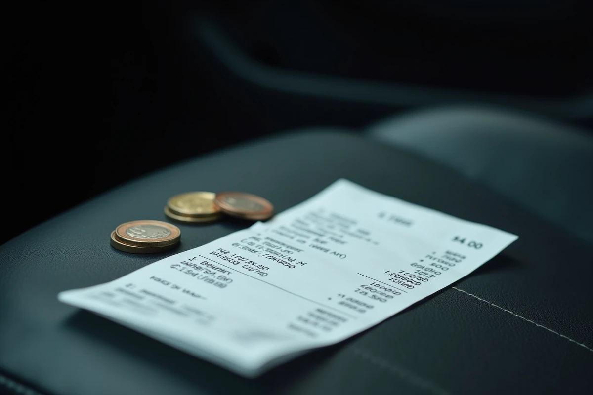Reçu de course de taxi avec pièces de monnaie euro sur siège de voiture illustrant le coût d'une course