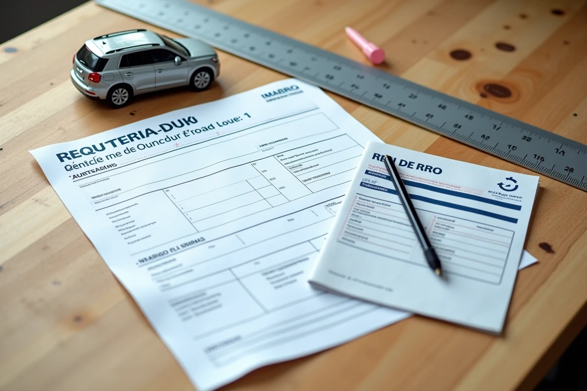 Document d'immatriculation et code de la route français posés sur un bureau en bois à côté d'une maquette de voiture avec remorque et une règle de mesure