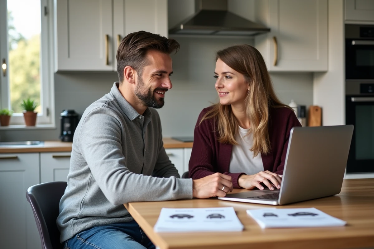 Couple comparant des offres de renouvellement de LOA sur ordinateur portable et documents imprimés à la maison