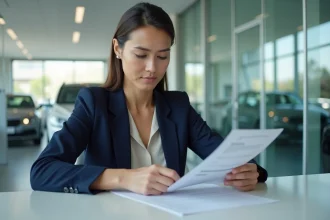Femme professionnelle signant un contrat de renouvellement de LOA dans une concession automobile moderne