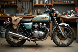 Restauration d'une Suzuki 750 GT dans un atelier encombré avec pièces démontées et outils épars