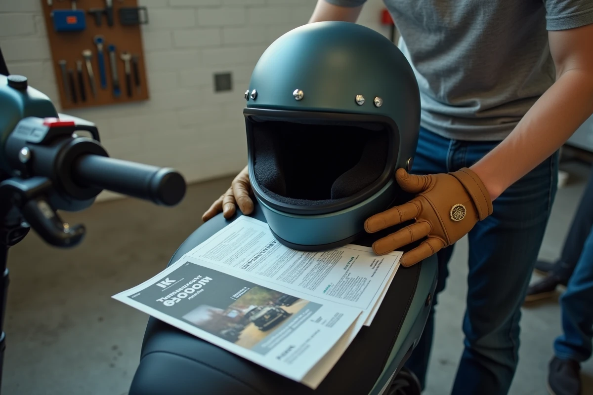 Casque de scooter 50cc posé sur la selle avec des documents administratifs français illustrant les démarches légales pour conduire un scooter sans BSR en France