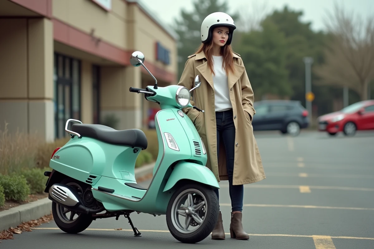 Jeune femme avec un scooter 50cc sans BSR dans un parking de banlieue française