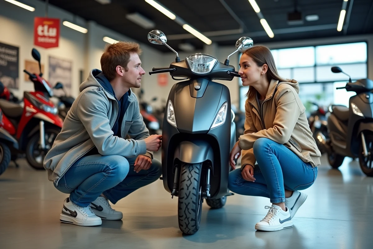 Deux jeunes adultes examinant un scooter sans BSR dans une concession moto en France