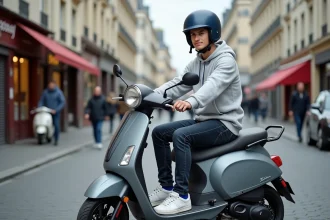 Jeune homme sans permis BSR assis sur un scooter 50cc en ville dans une rue pavée française
