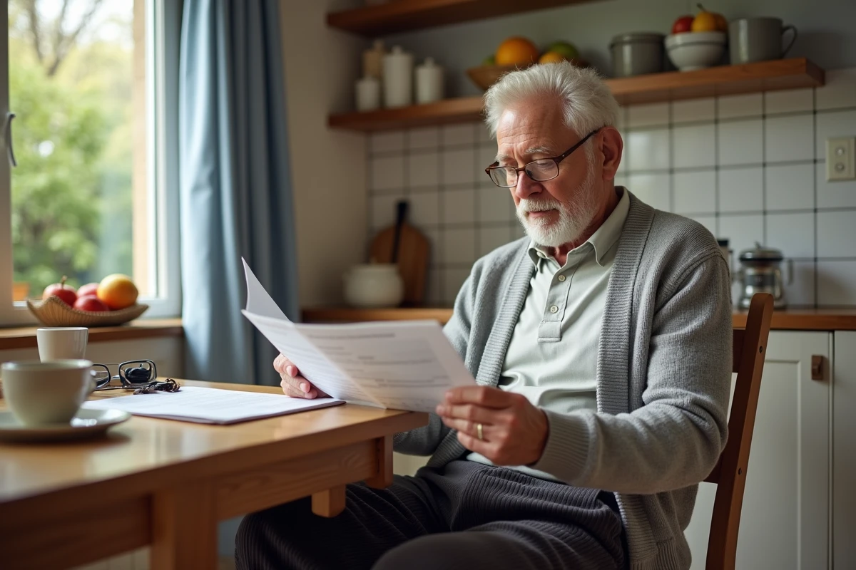 Senior lisant un contrat d'assurance pour voiture sans permis à domicile