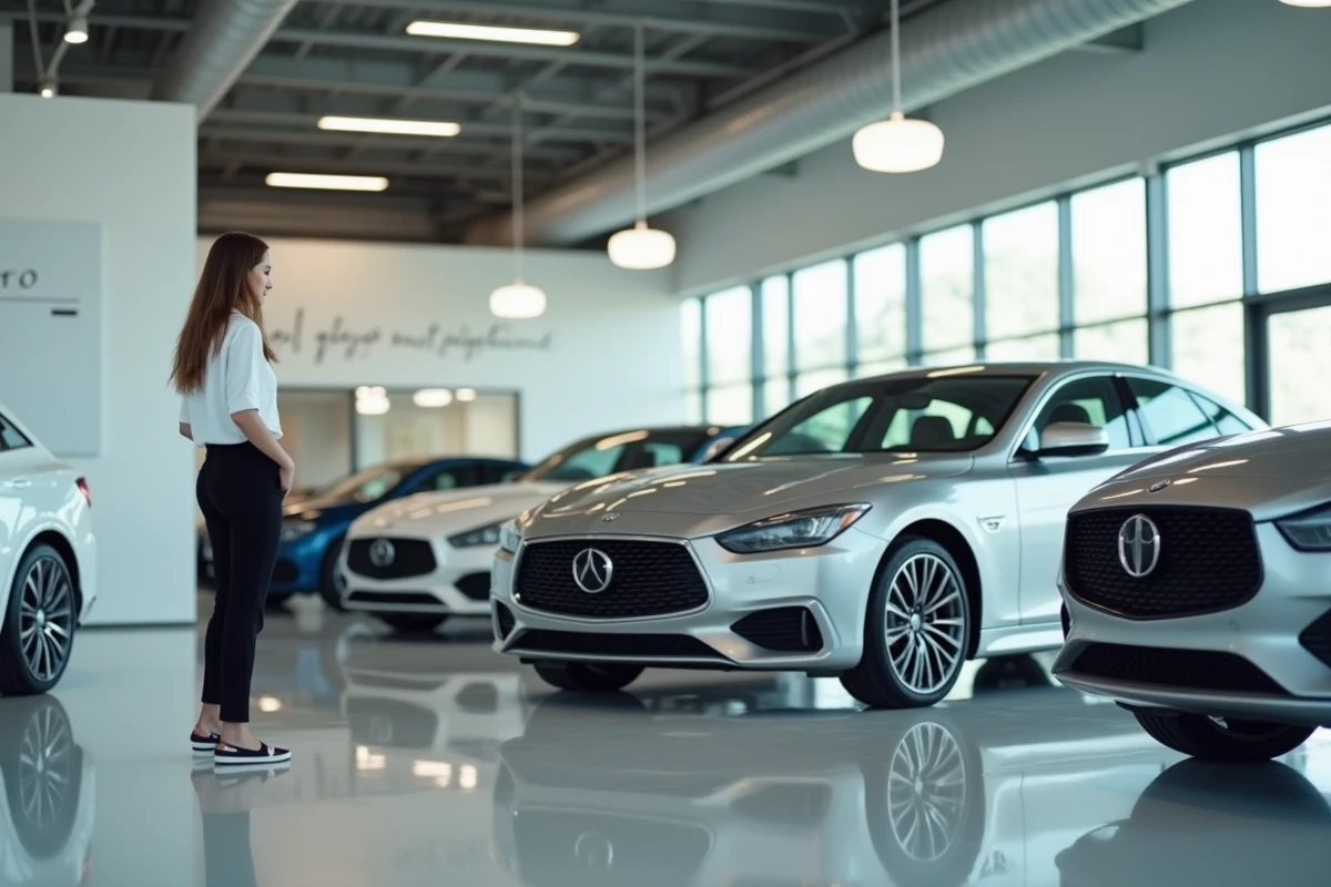 Showroom de concession automobile avec véhicules exposés et représentante commerciale en tenue professionnelle