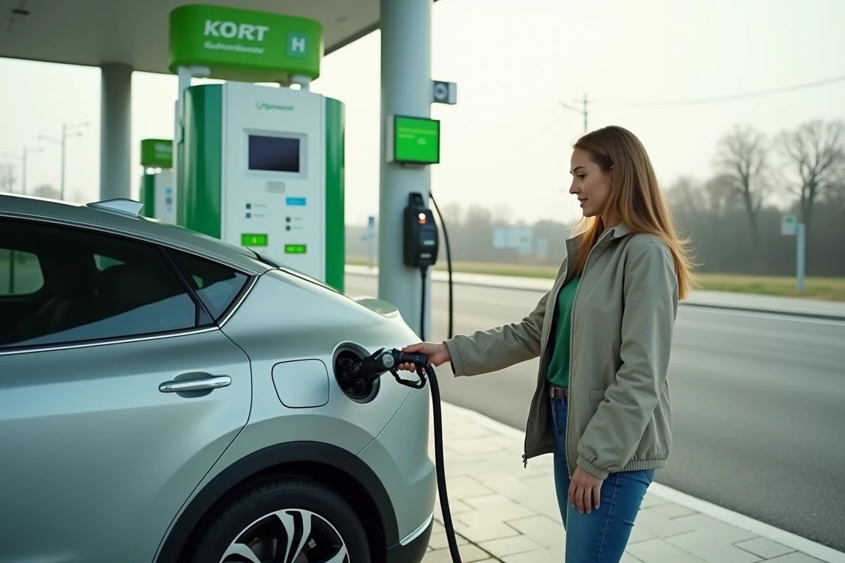 Femme ravitaillant une voiture à hydrogène dans une station-service en Allemagne