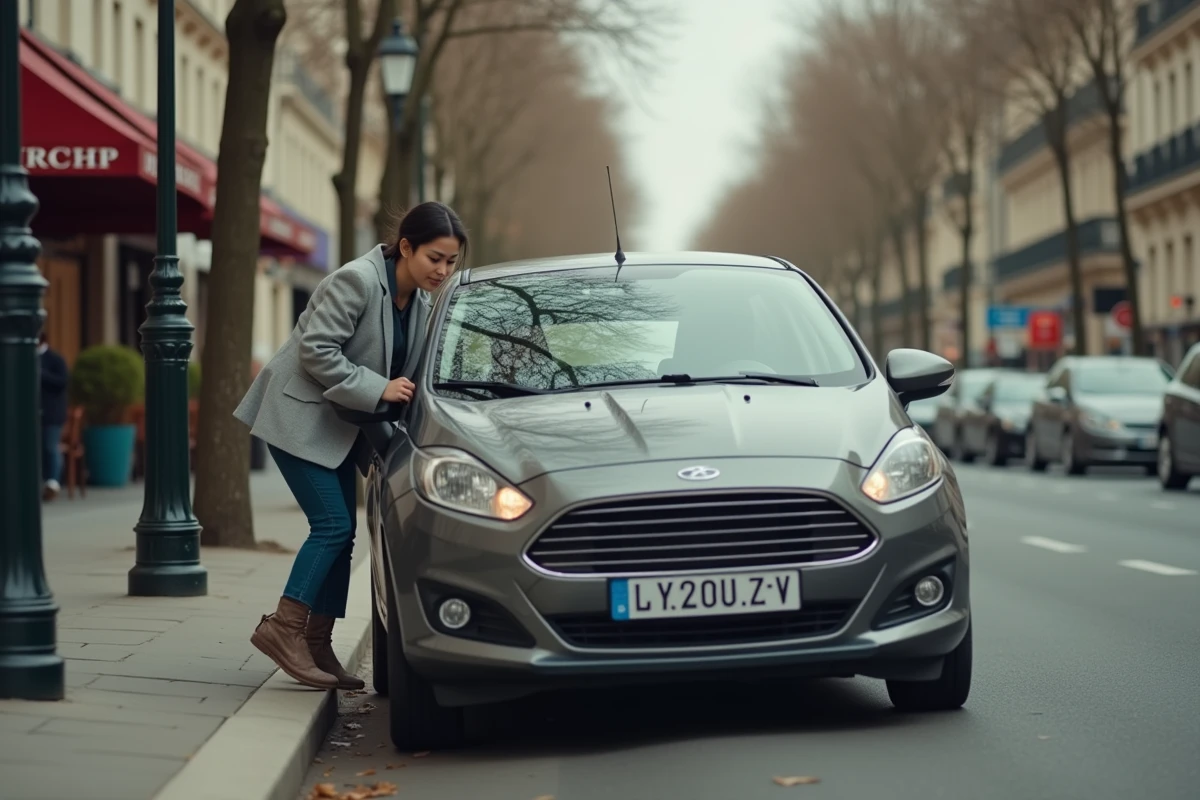 Femme effectuant un créneau en milieu urbain sur un boulevard parisien avec terrasse de café en arrière-plan