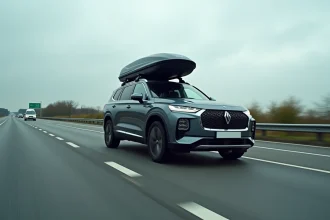 SUV avec coffre de toit sur autoroute française en mouvement