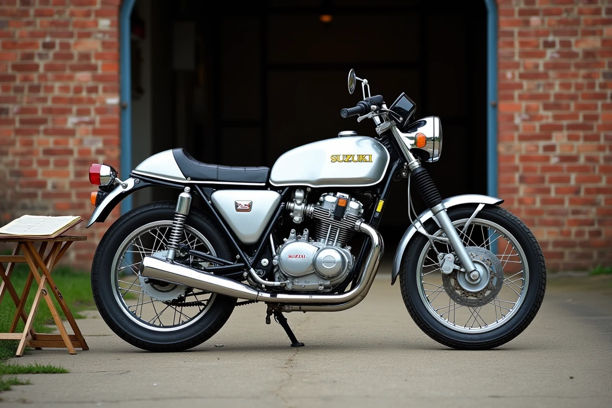 Suzuki 750 GT en cours de restauration posée devant un garage en briques avec manuel technique ouvert