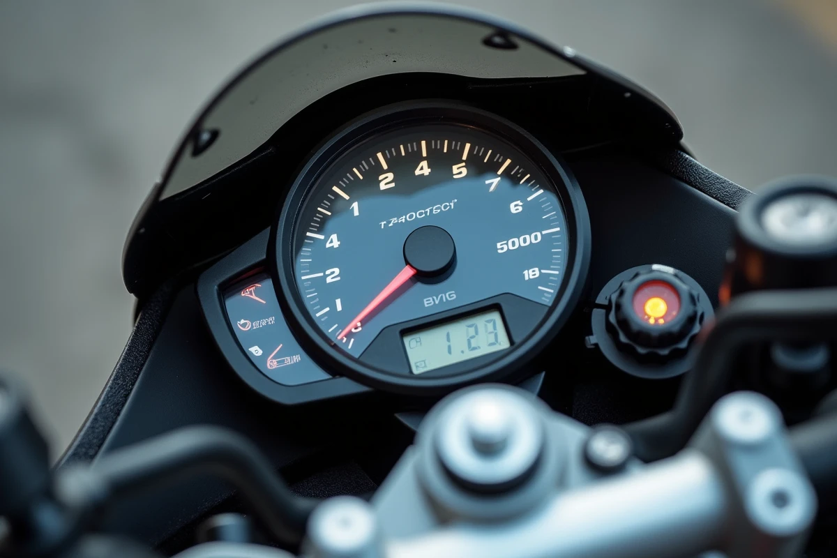 Tableau de bord d'une moto 125cc avec compteur de vitesse en action