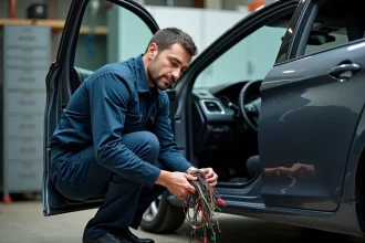 Technicien automobile examinant le faisceau de câblage coloré derrière le tableau de bord d'une Peugeot