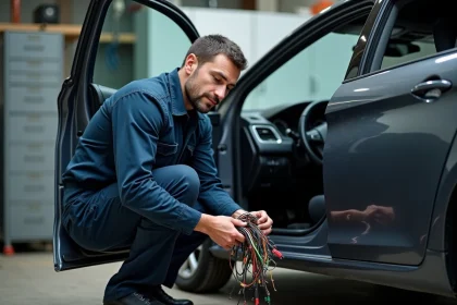 Technicien automobile examinant le faisceau de câblage coloré derrière le tableau de bord d'une Peugeot