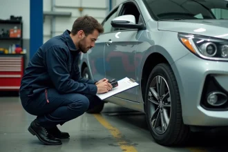 Technicien automobile réalisant un contrôle technique sur une berline argentée dans un garage professionnel