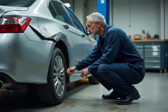 Technicien automobile inspectant un dommage secondaire sur le panneau arrière d'une voiture dans un garage professionnel