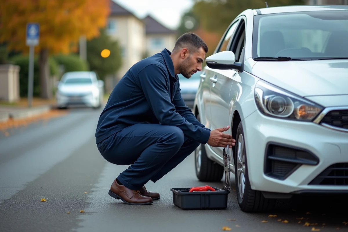 Un technicien en sécurité automobile inspectant la serrure d'une Kia Rio blanche dans une rue résidentielle