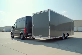 Utilitaire commercial avec remorque tractée de 3500 kg sur parking industriel, vue arrière trois quarts